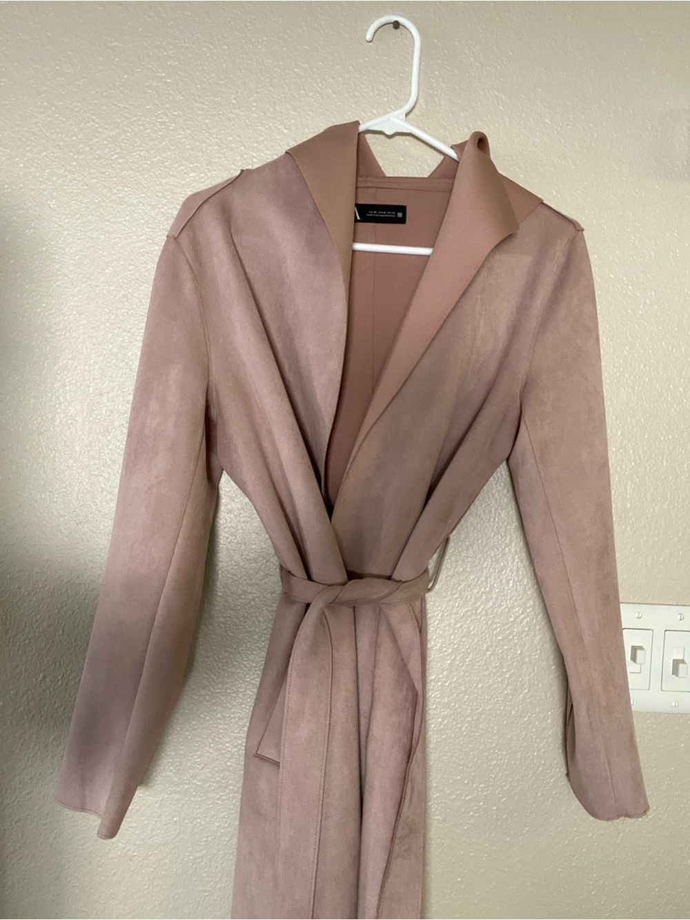 Zara Suede-Effect Tie-Waist Trench Coat in Mauve with Hoodie and pockets